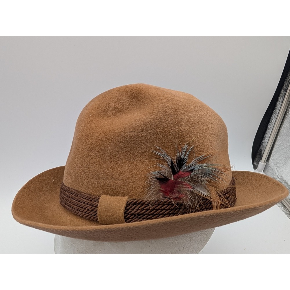 Dobbs Fifth Avenue Tan Felt Fedora Hat Feather Camel Hair Rope Band Long Oval
